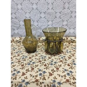 Vintage Crackle Glass Vases Olive Brown Pitcher with Caged‎ Glass Stand Boho Set
